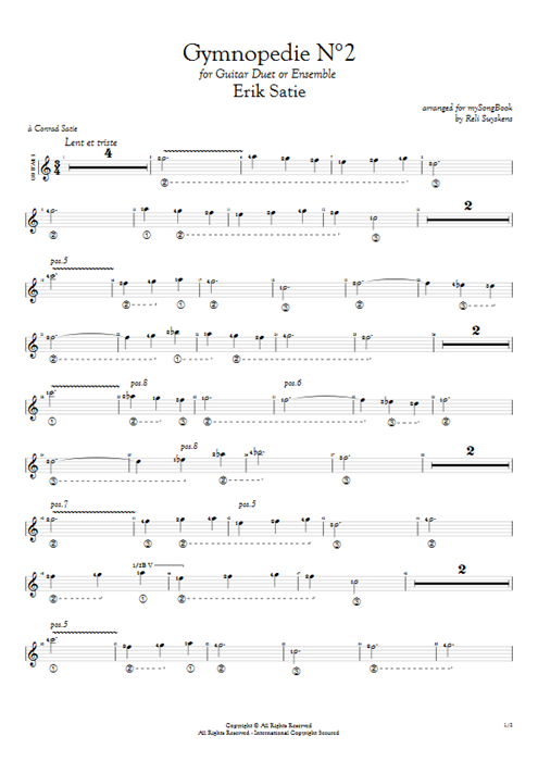 Gymnopédie N°2 in C Erik Satie guitar pro tab AGuitarI Guitar Duet mysongbook